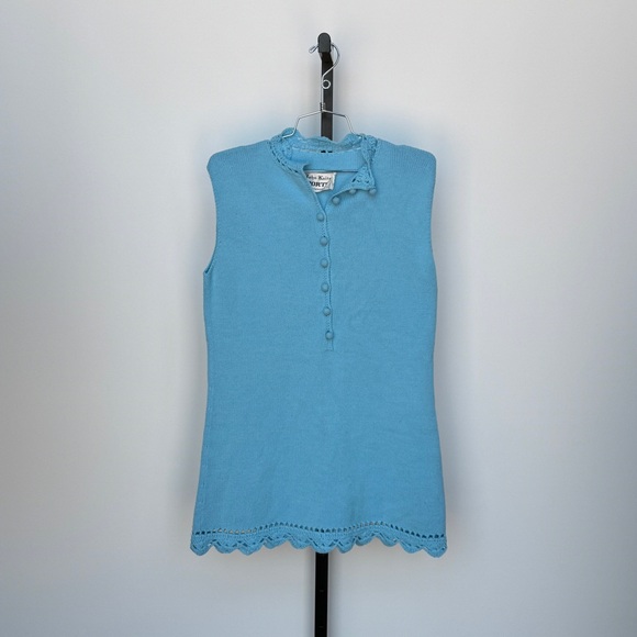 Vintage St John Knits Mini Dress Size S/M 60s Sky Blue Button Lace Crochet Boho - Picture 1 of 4